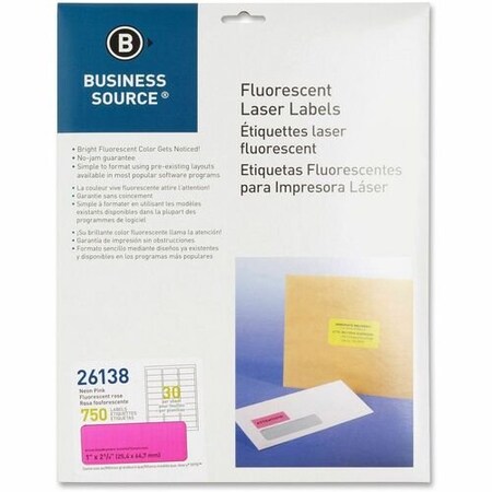 Business Source Laser Labels, Fluorescent, 1inx2-5/8in, Neon Pink, 750PK BSN26138